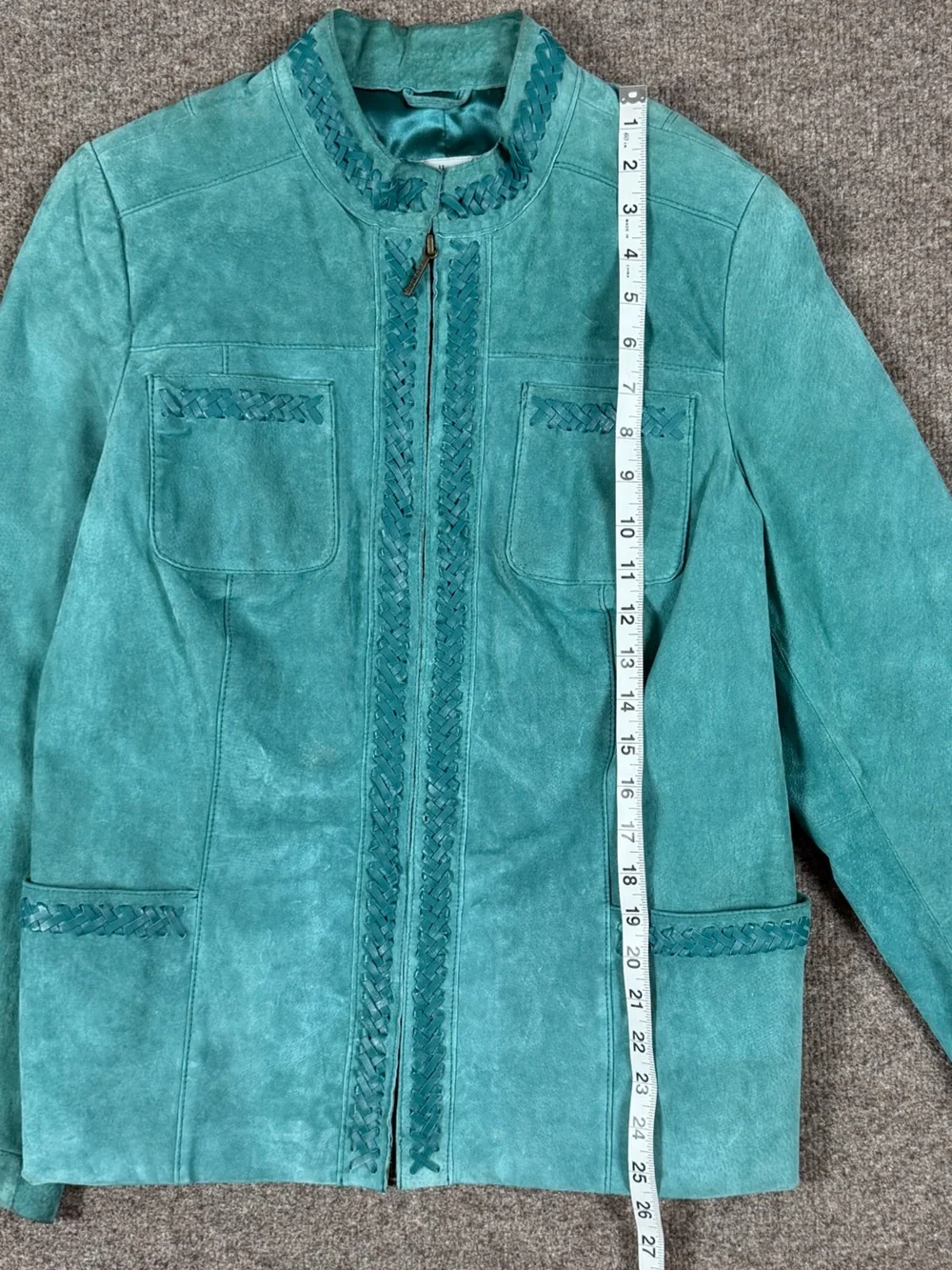 Y2K Bradley Teal Blue Suede Leather Jacket Women’s M Mandarin Collar Woven Trim - Picture 15 of 16